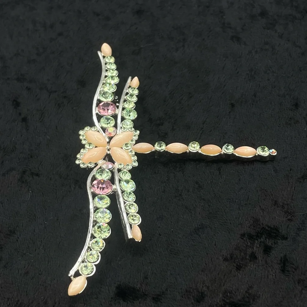 NWT GIVENCHY Dragonfly Pin Brooch Peach Moonstone Silver Tone Green Pink Crystal - Picture 6 of 9